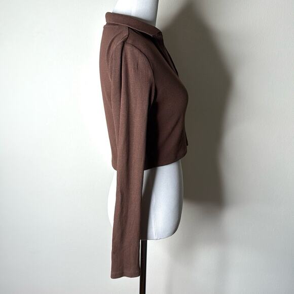 Zara Brown Long Sleeve Crop Polo Top - Picture 4 of 7
